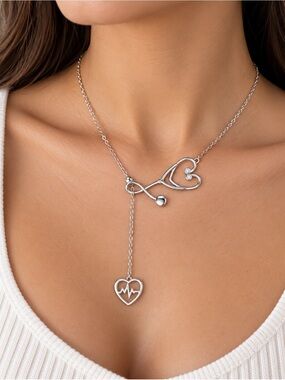 Silver Lariat Necklace with Heart and Heartbeat Charm